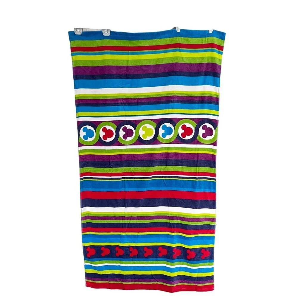 Disney Parks Colorful Striped Mickey Mouse Head Icon Beach Pool Bath Towel
